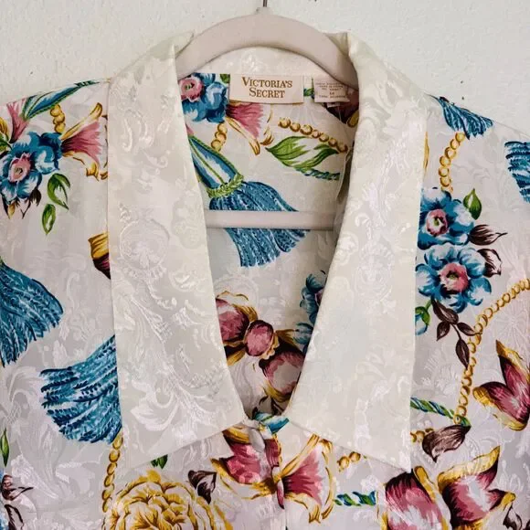 Vintage Victorias Secret Top Womens Medium Floral Bow Print 80s 90s Gold Label - Picture 2 of 9